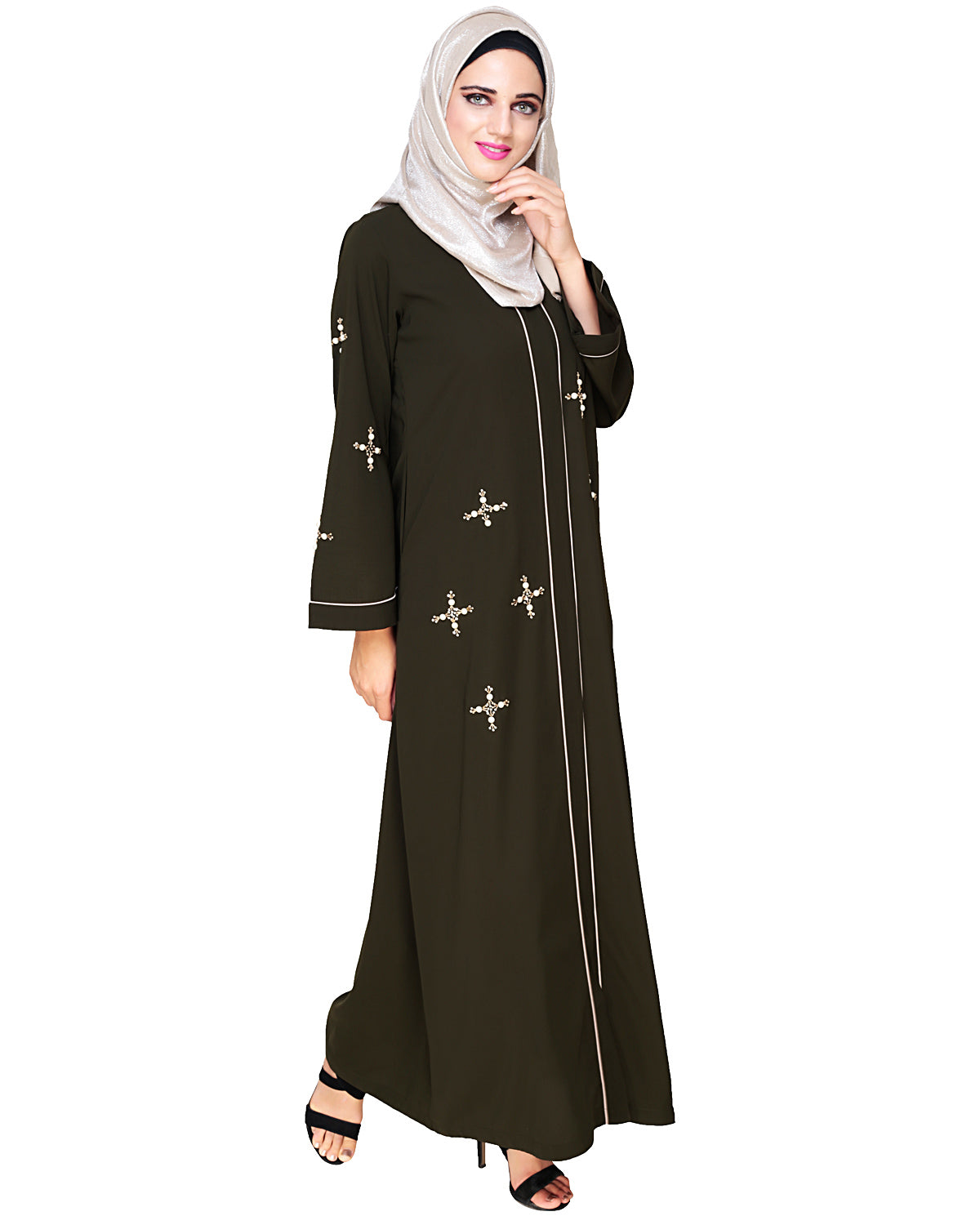 Newfangled Pearl Embroidered Abaya Olive