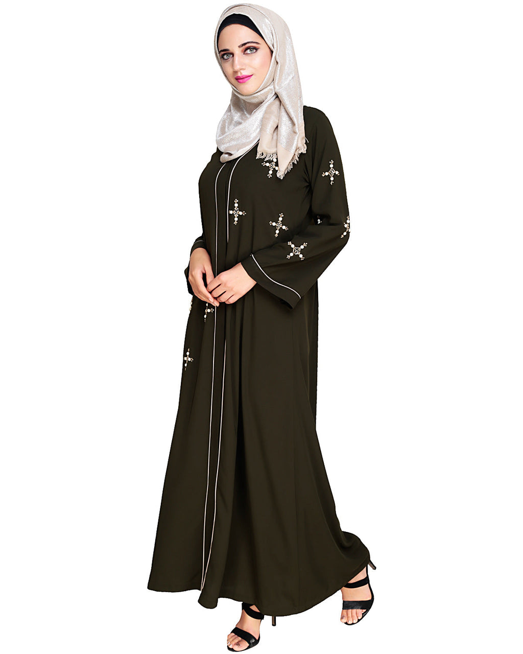 Newfangled Pearl Embroidered Abaya Olive
