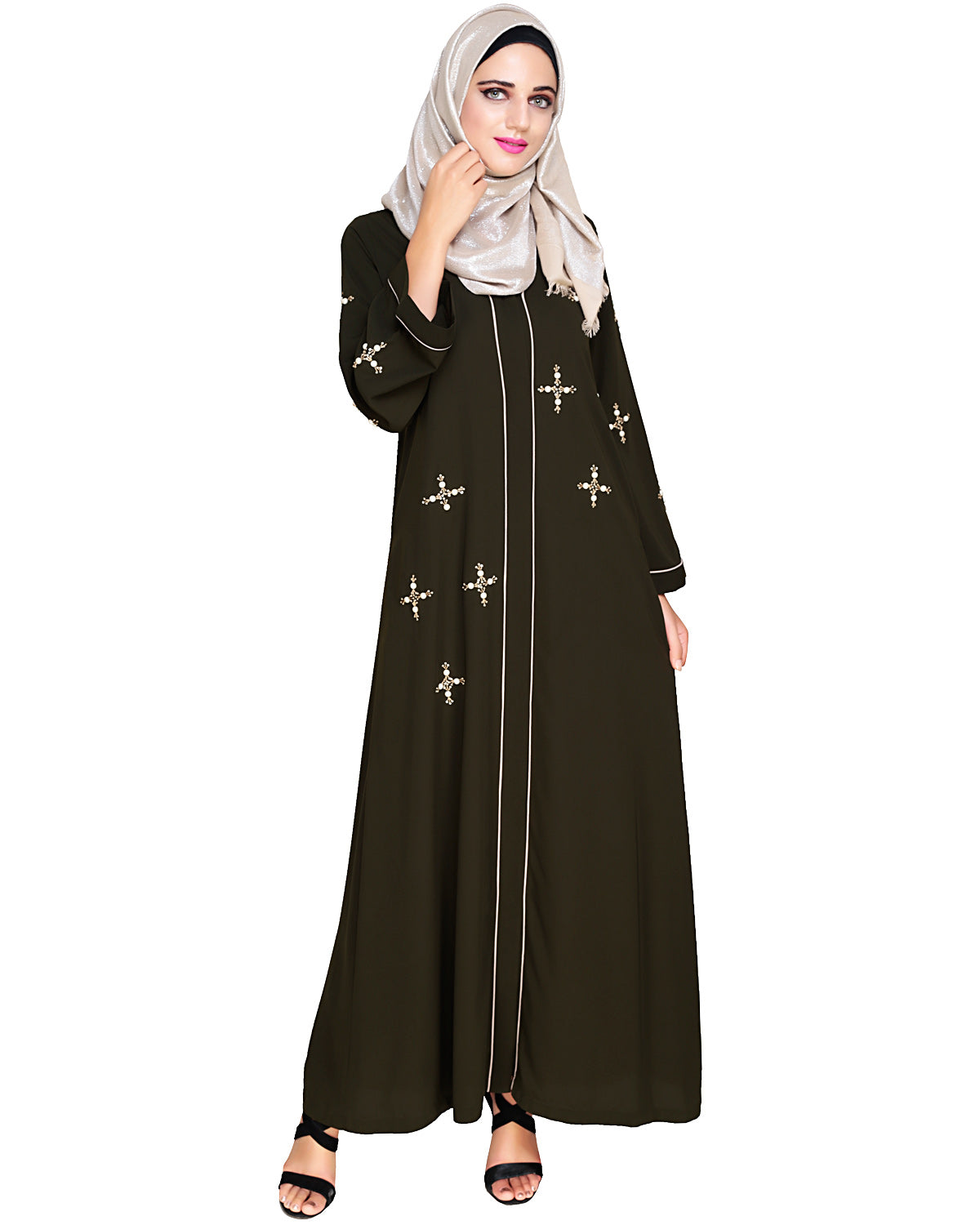 Newfangled Pearl Embroidered Abaya Olive