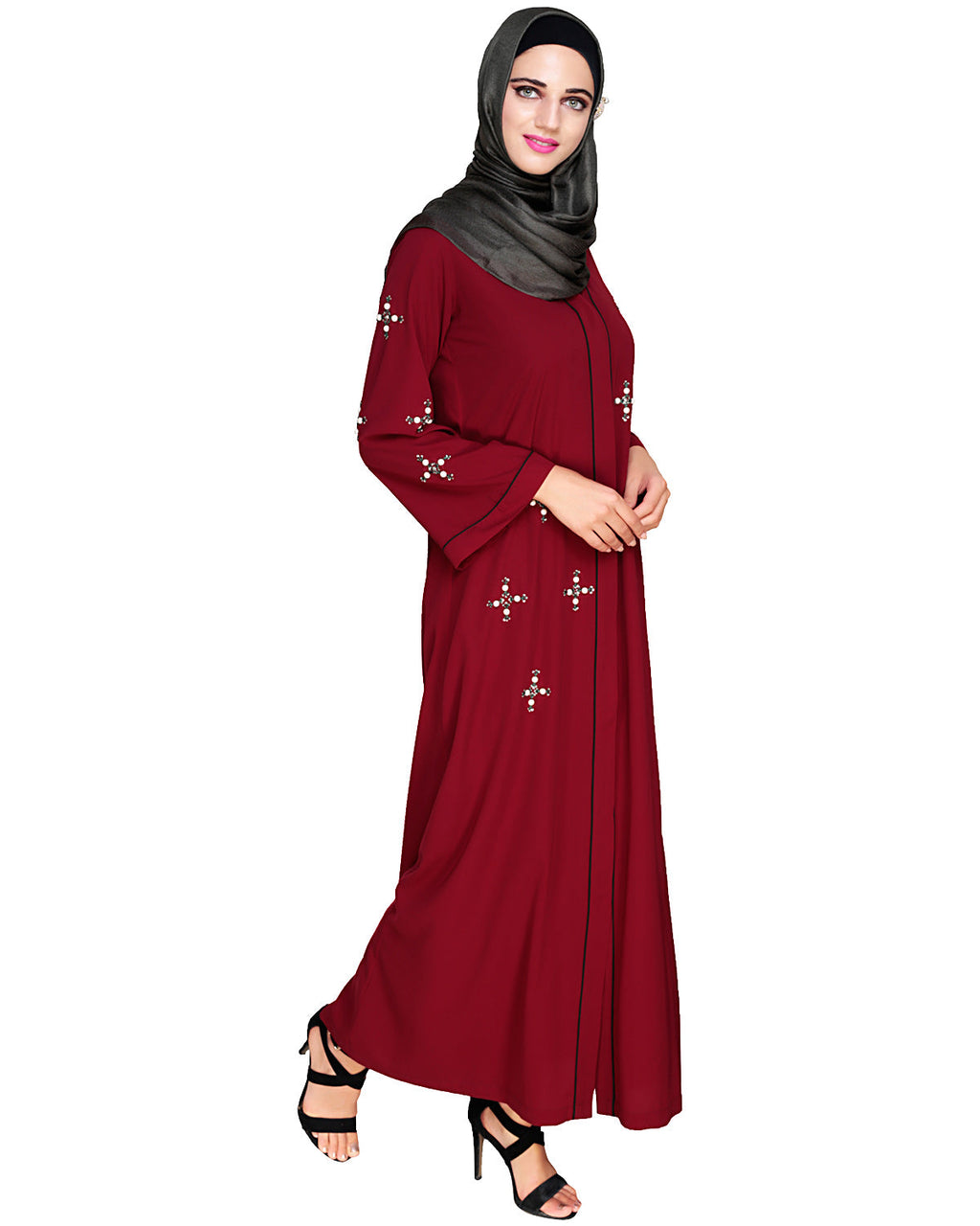 Newfangled Pearl Embroidered Abaya Wine