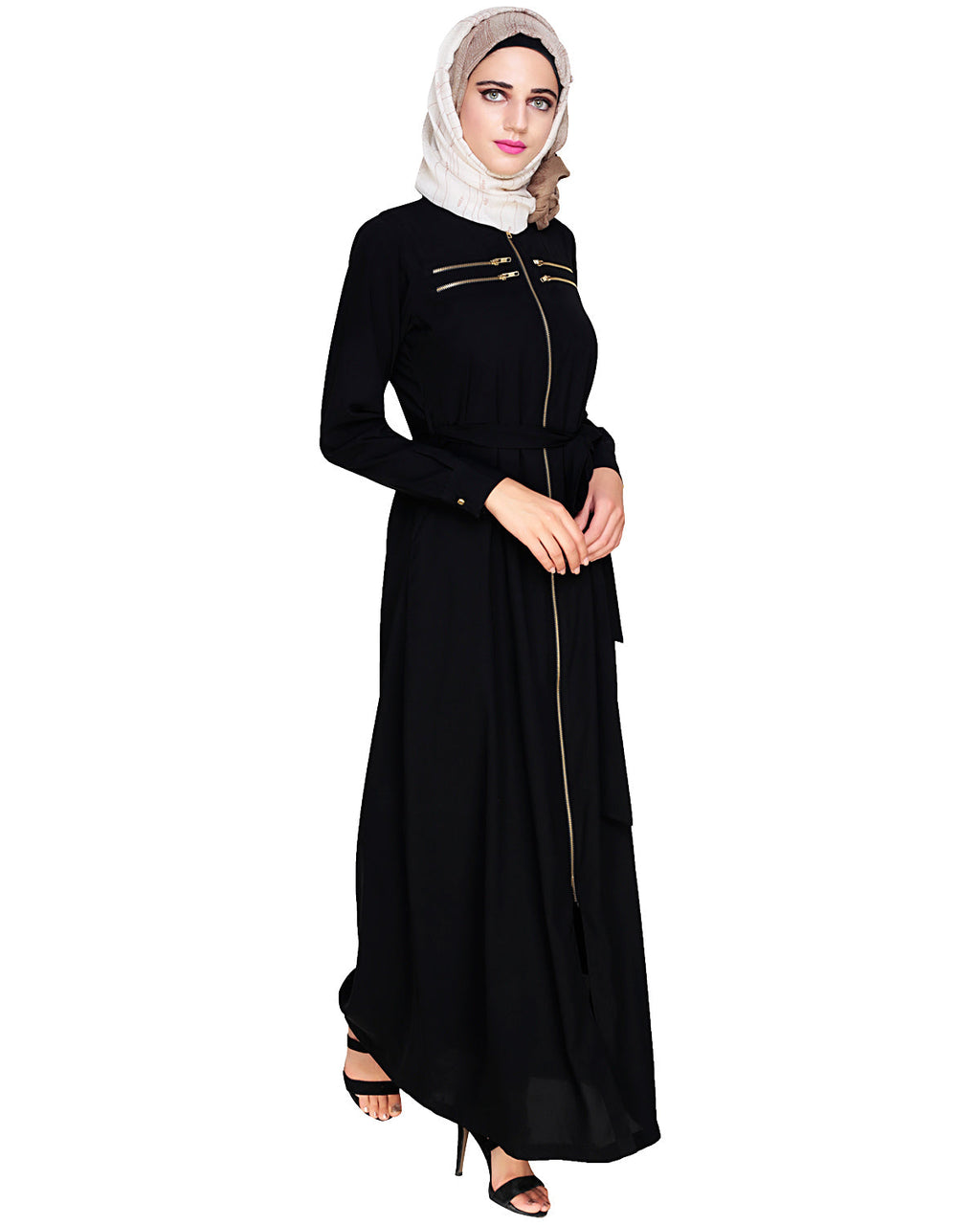 Metallic Sheen Front Zipper Abaya Black