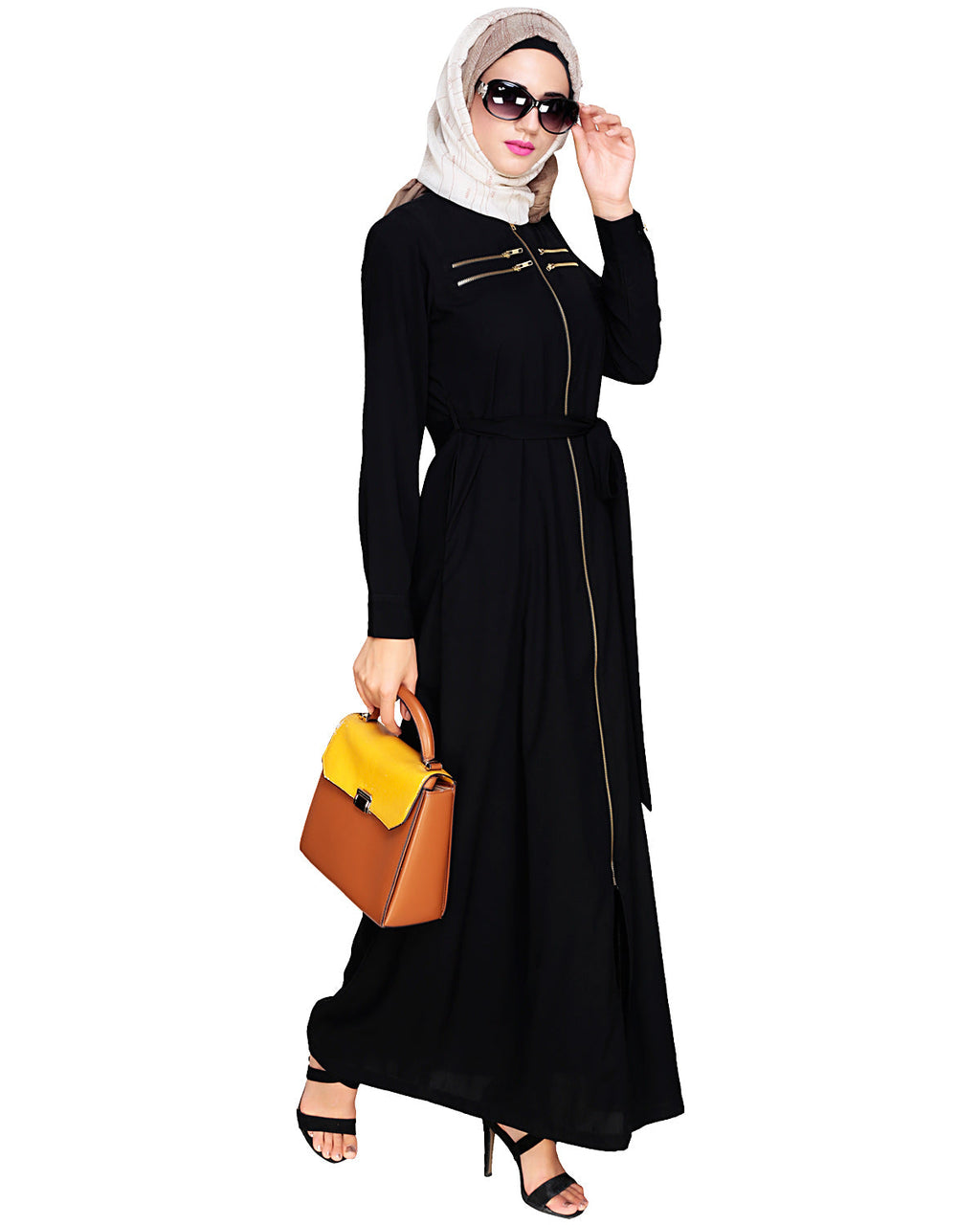 Metallic Sheen Front Zipper Abaya Black