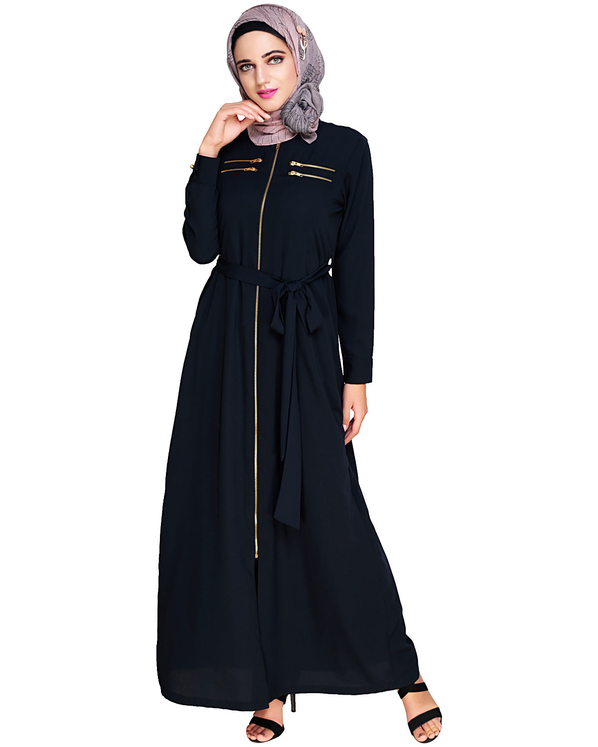 Metallic Sheen Front Zipper Abaya Blue