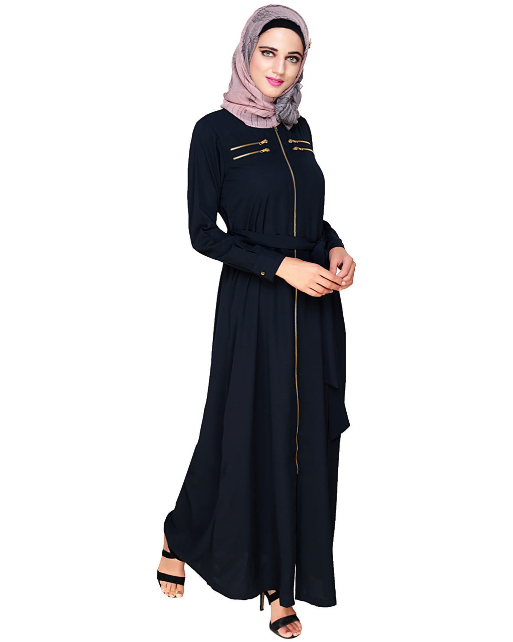 Metallic Sheen Front Zipper Abaya Blue