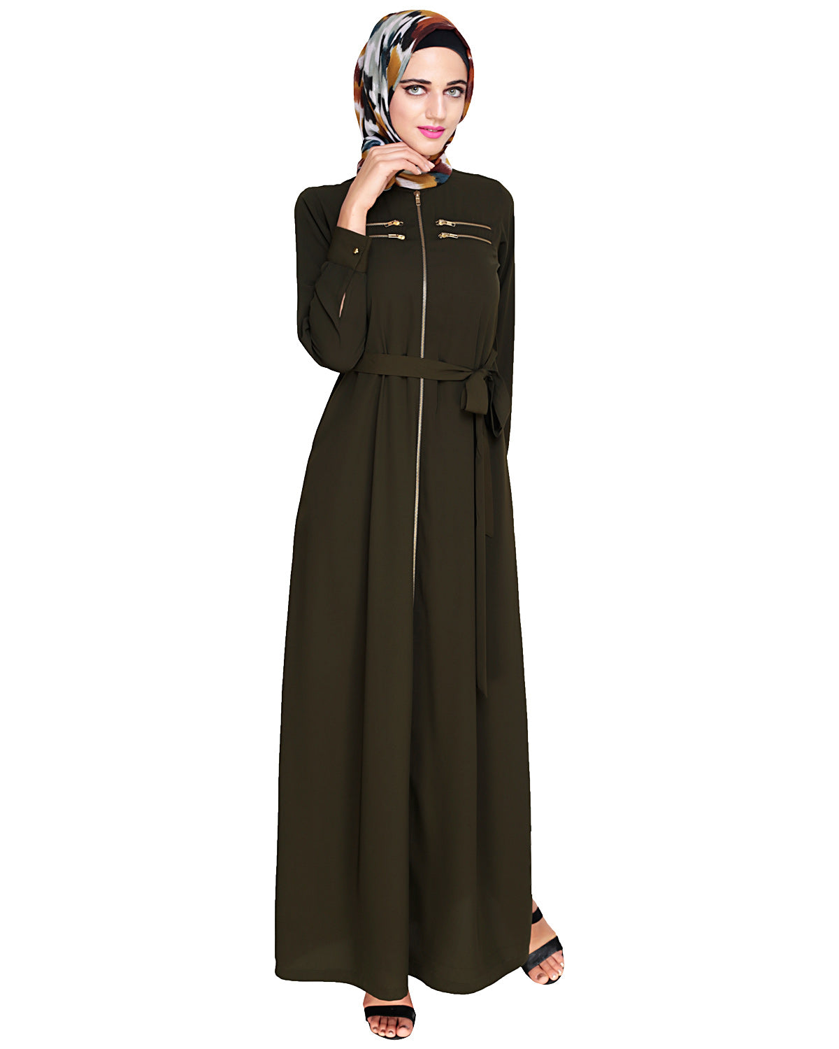 Metallic Sheen Front Zipper Abaya Olive
