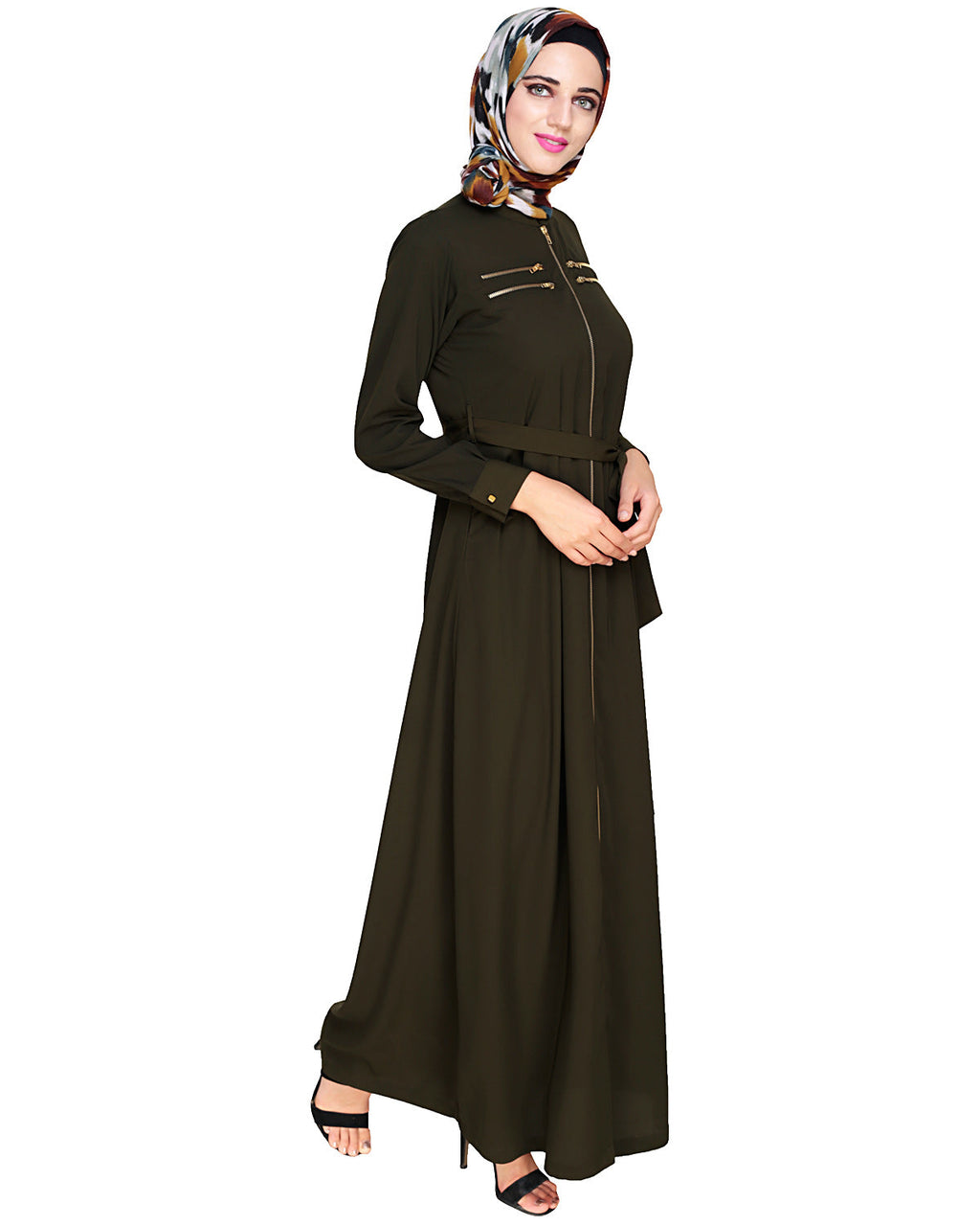 Metallic Sheen Front Zipper Abaya Olive