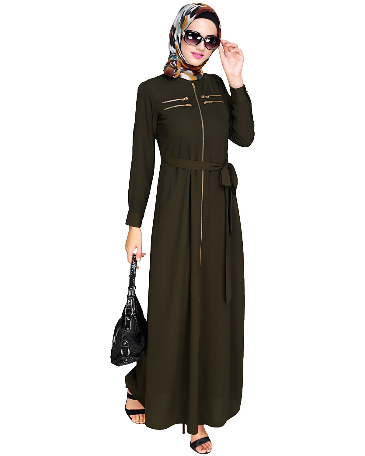Metallic Sheen Front Zipper Abaya Olive