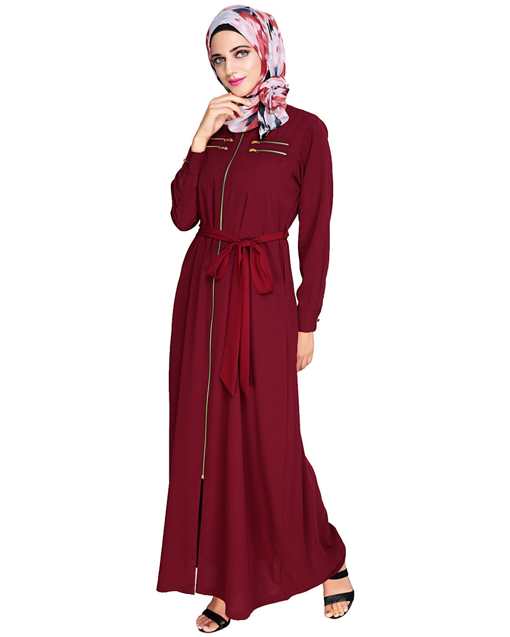 Metallic Sheen Front Zipper Abaya Wine