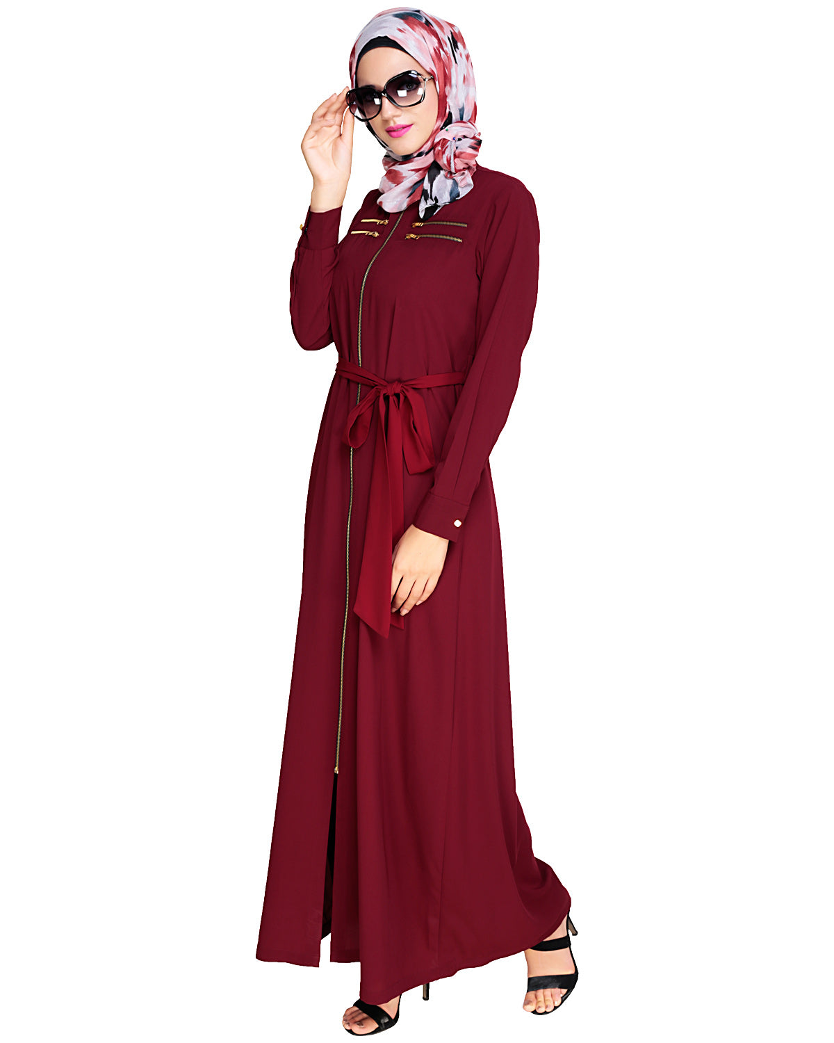 Metallic Sheen Front Zipper Abaya Wine