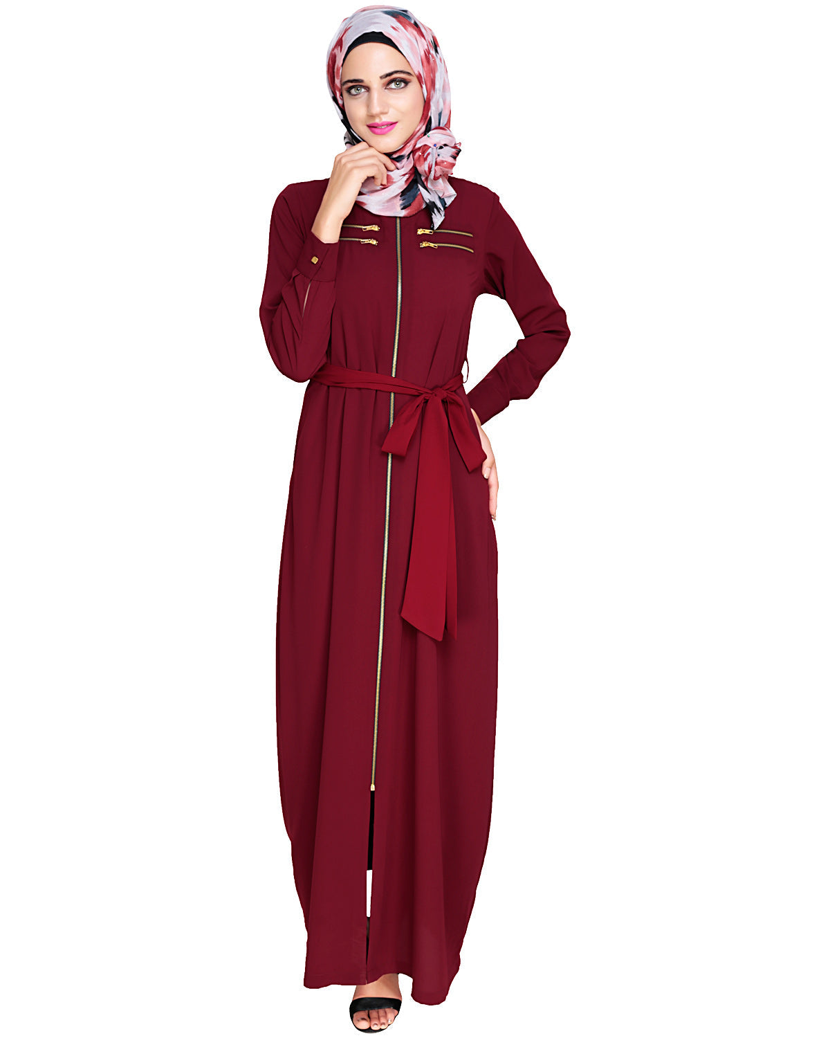 Metallic Sheen Front Zipper Abaya Wine