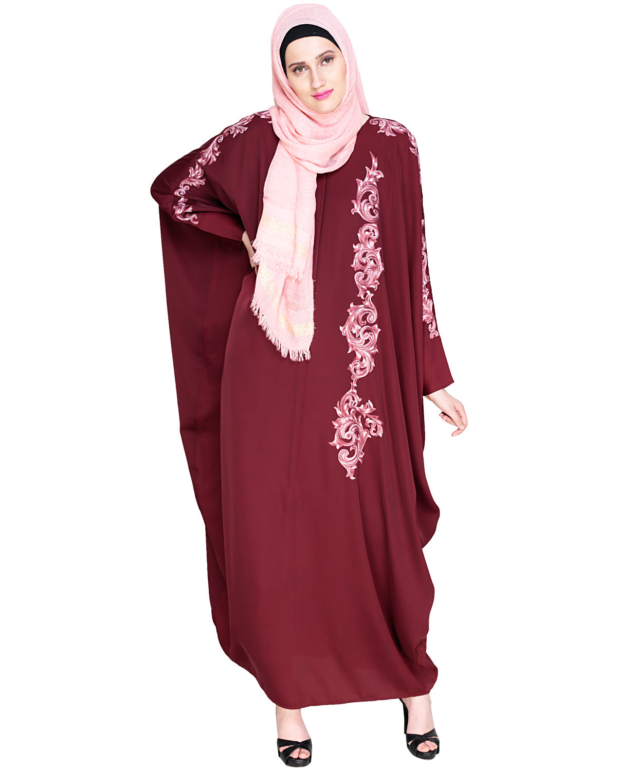 Dual Shade Floral Embroidered Beige Kaftan Wine