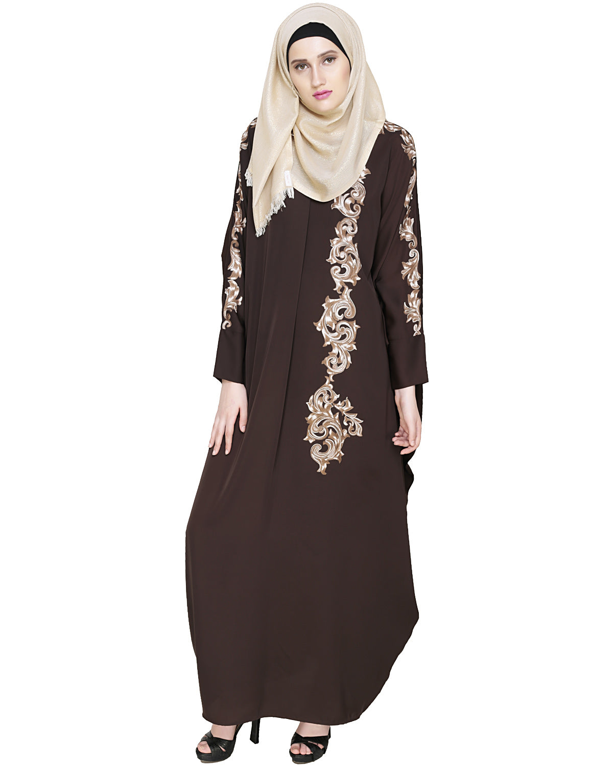 Dual Shade Floral Embroidered Beige Kaftan Dark Brown