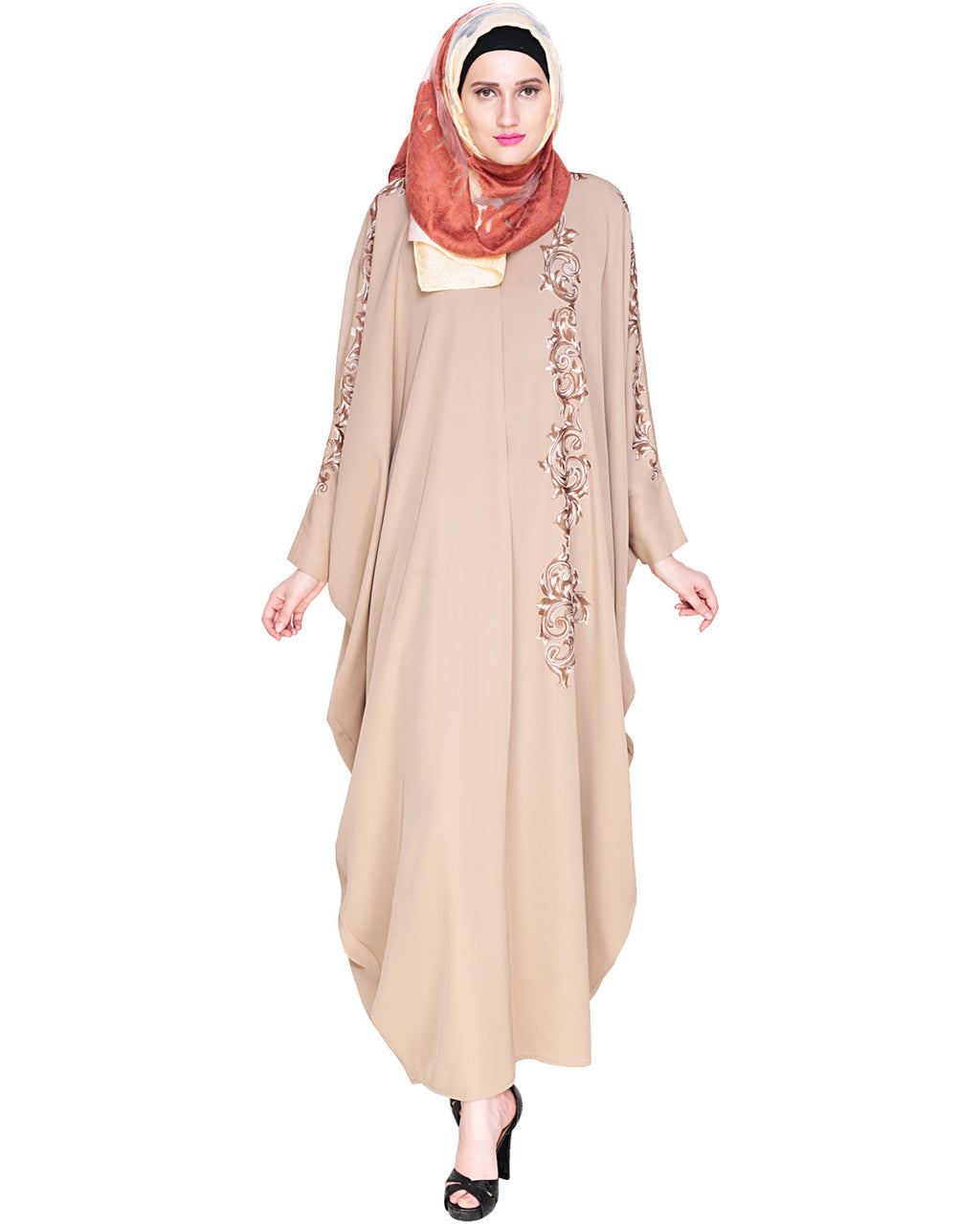 Dual Shade Floral Embroidered Beige Kaftan Beige