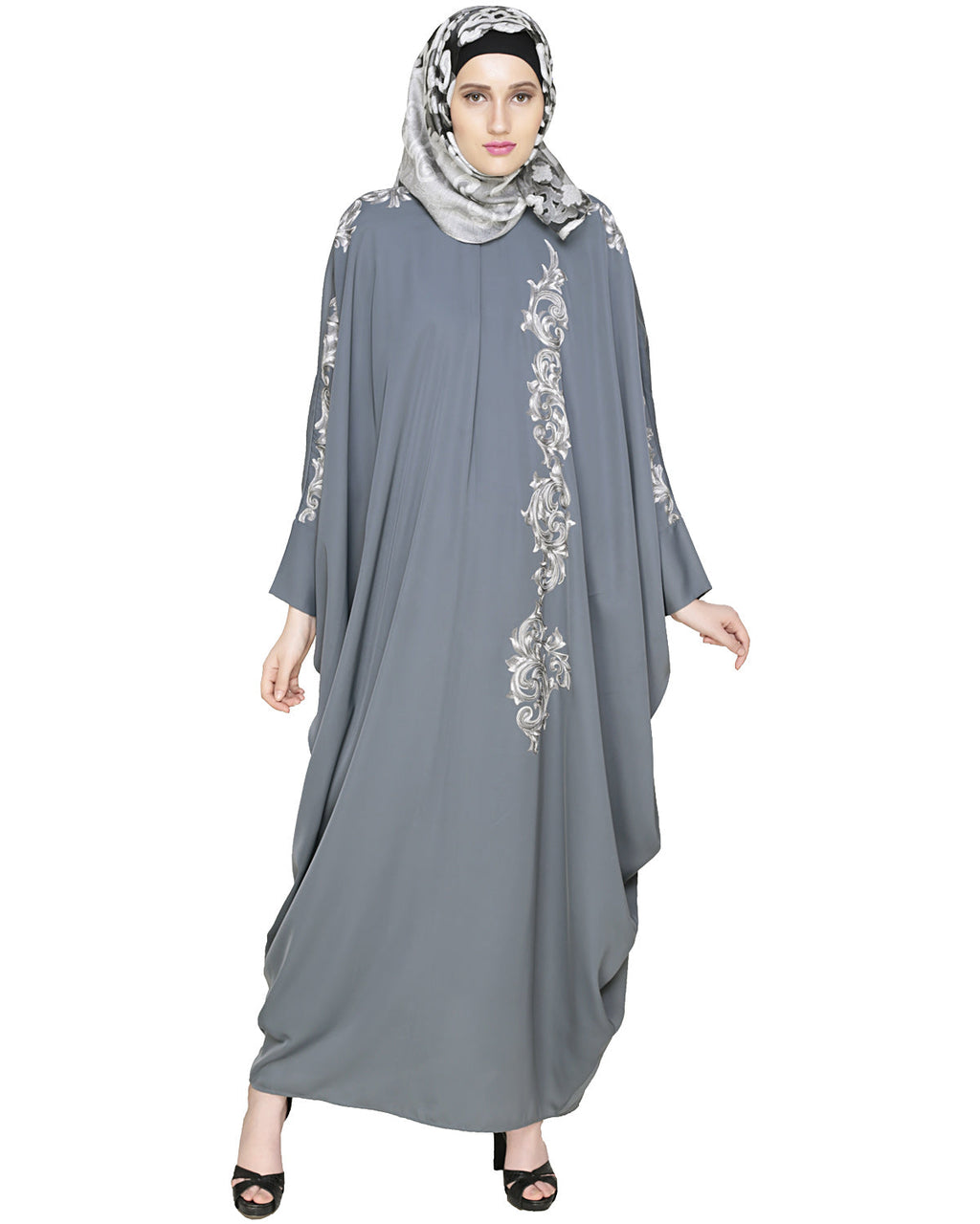 Dual Shade Floral Embroidered Beige Kaftan Wine