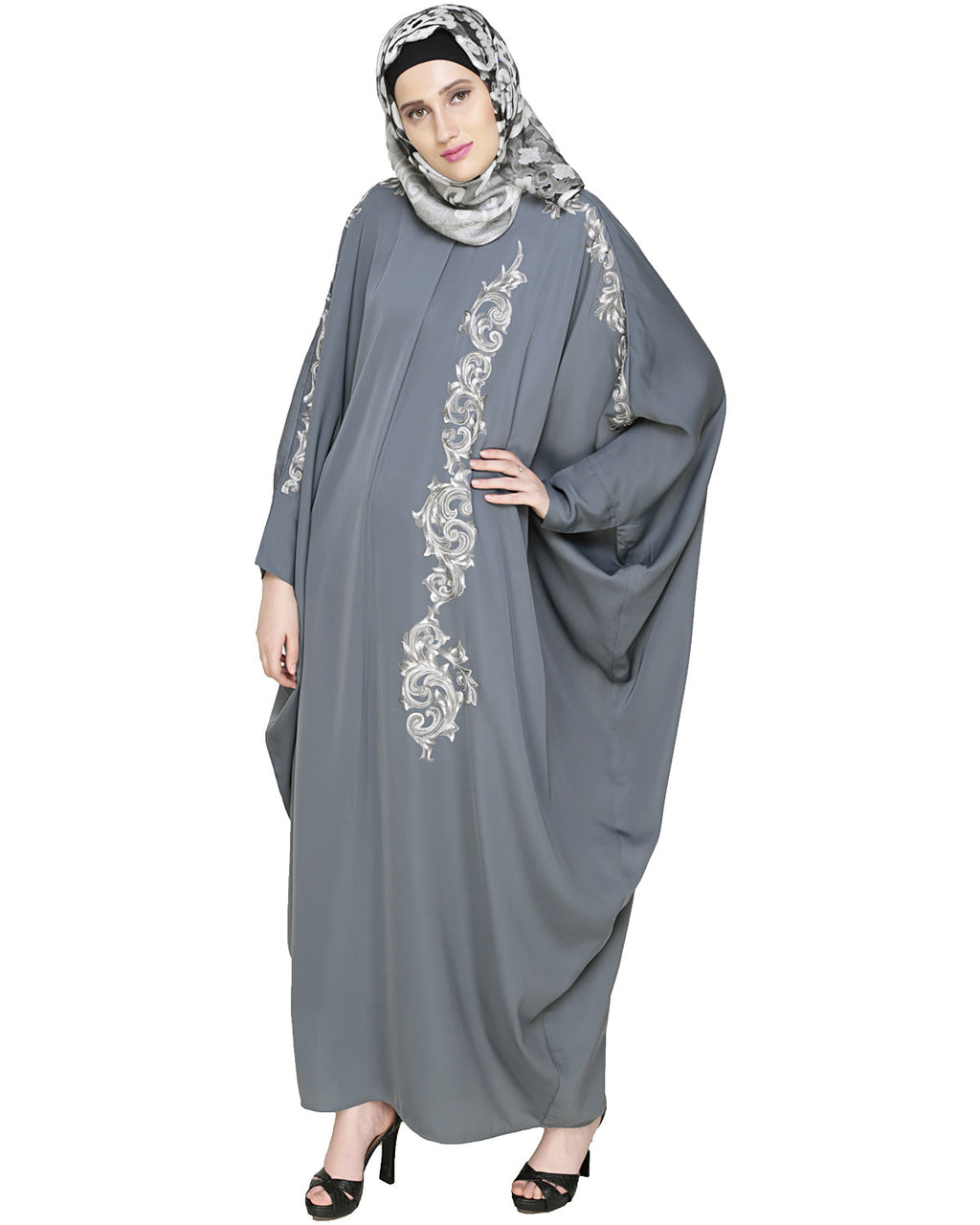 Dual Shade Floral Embroidered Beige Kaftan Grey