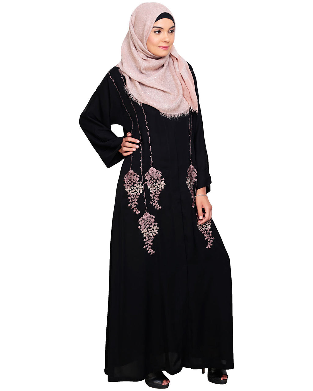 Floral Pendant Dubai Style Abaya Black