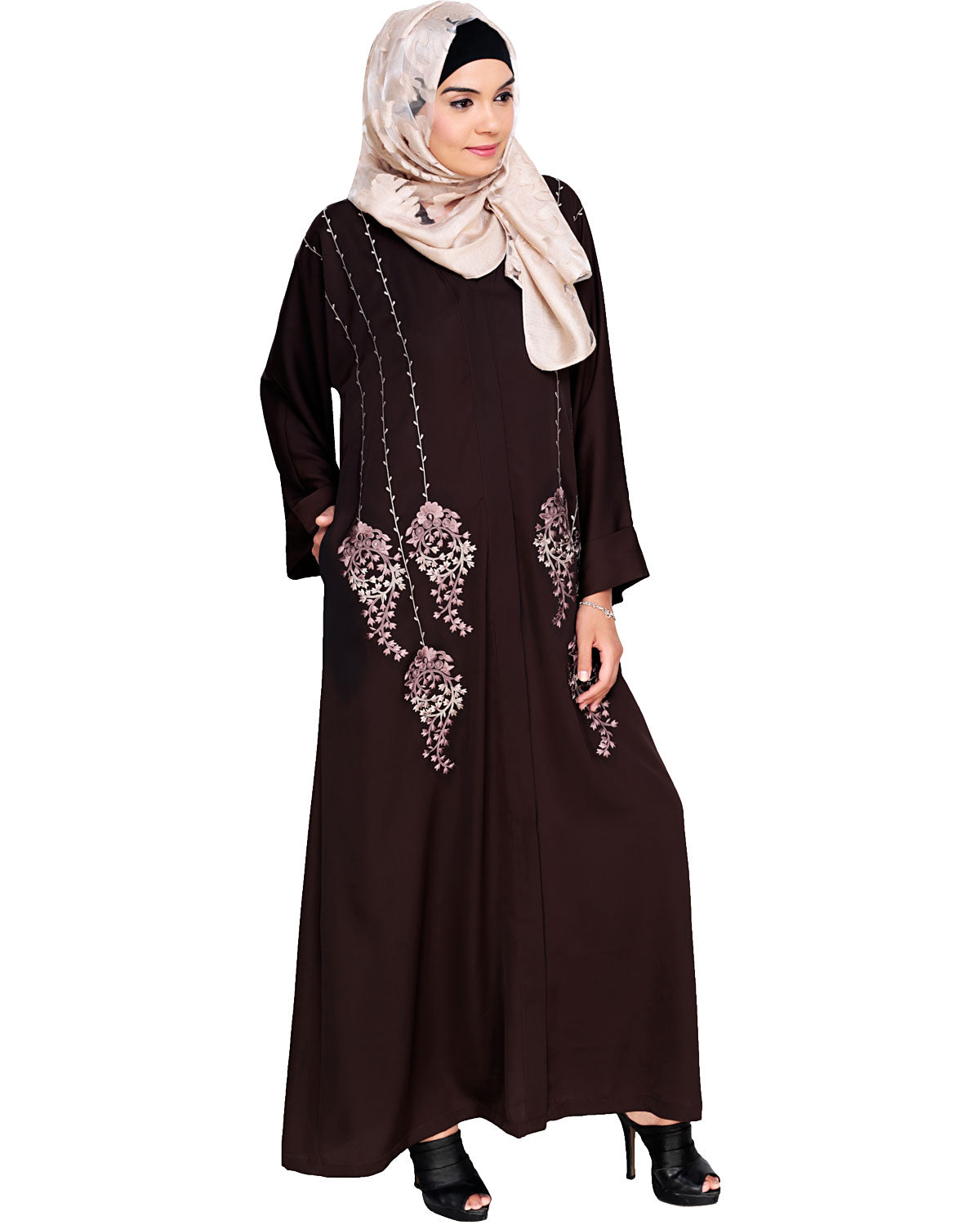Floral Pendant Dubai Style Abaya Brown