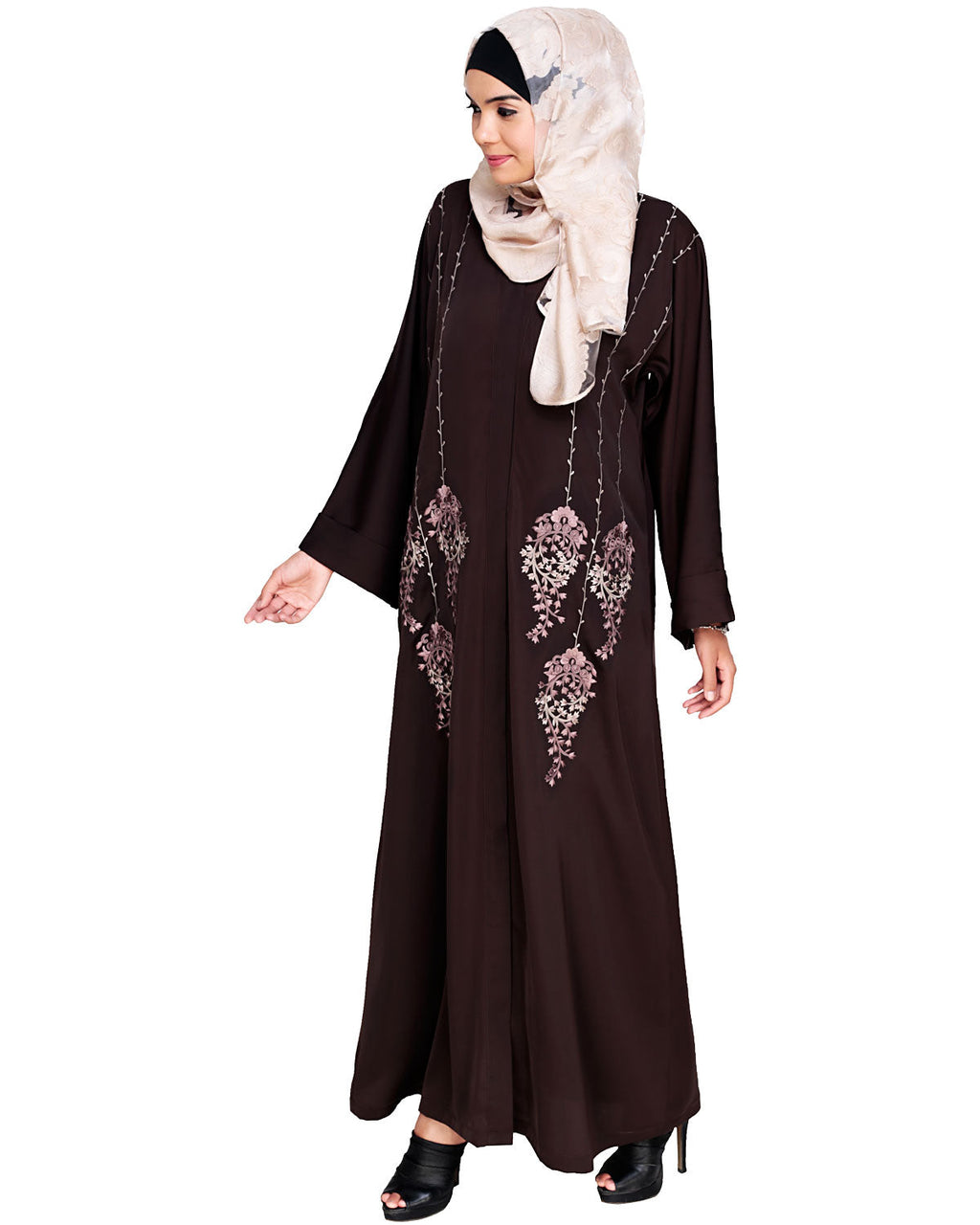 Floral Pendant Dubai Style Abaya Brown