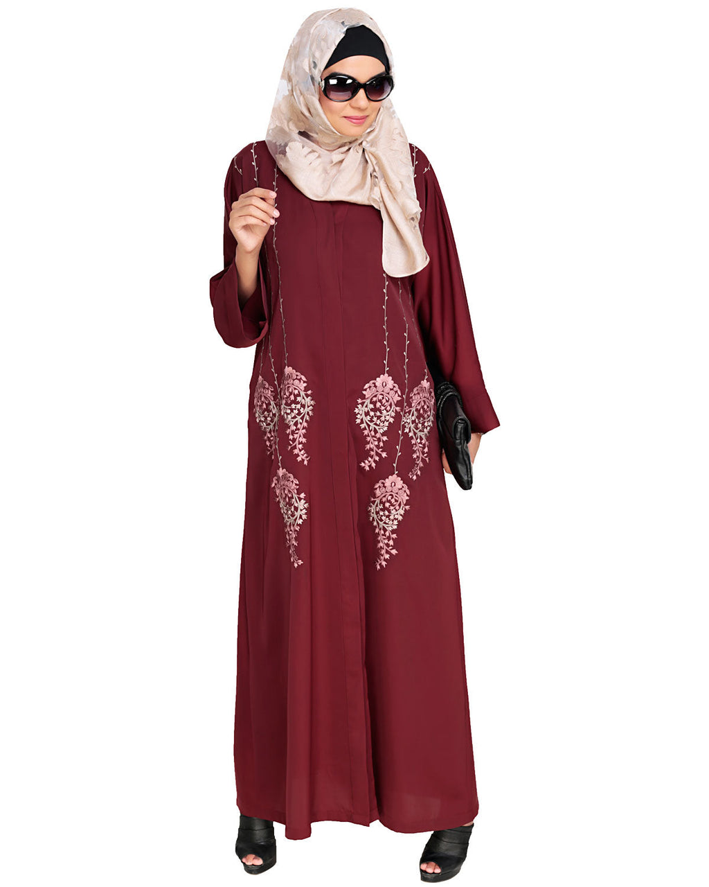 Floral Pendant Dubai Style Abaya Wine