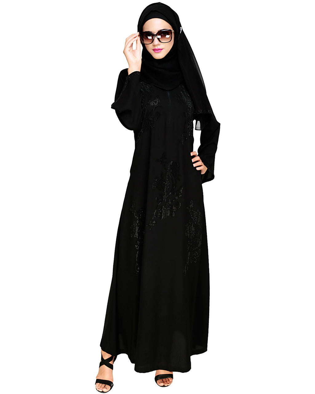 Exquisite Stone Work Sophisticated Black Dubai Style Abaya Black