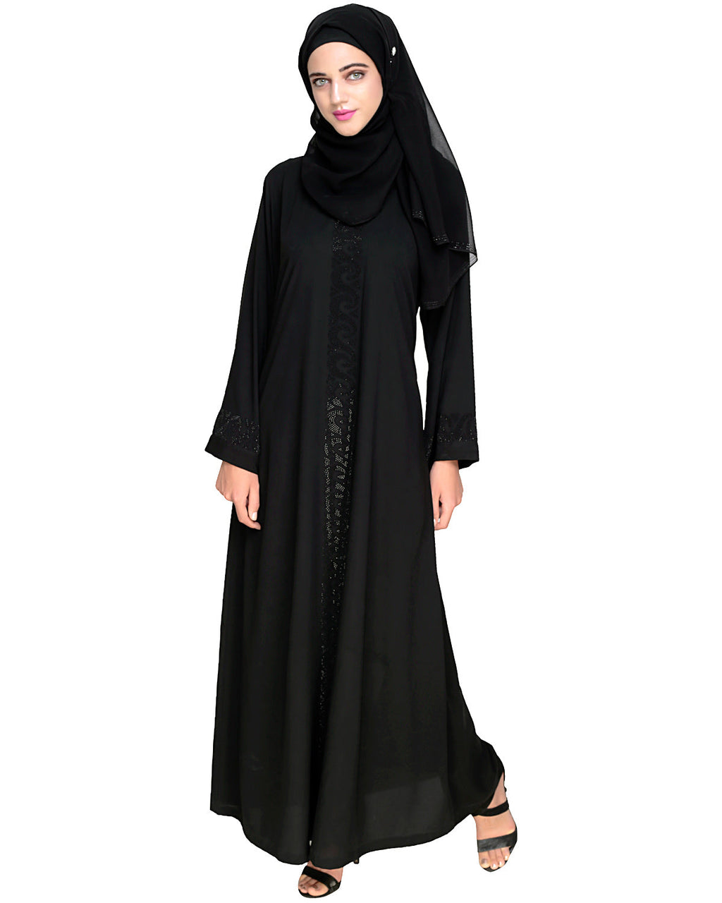 Exquisite Stone Work Classy Black Dubai Style Abaya Black