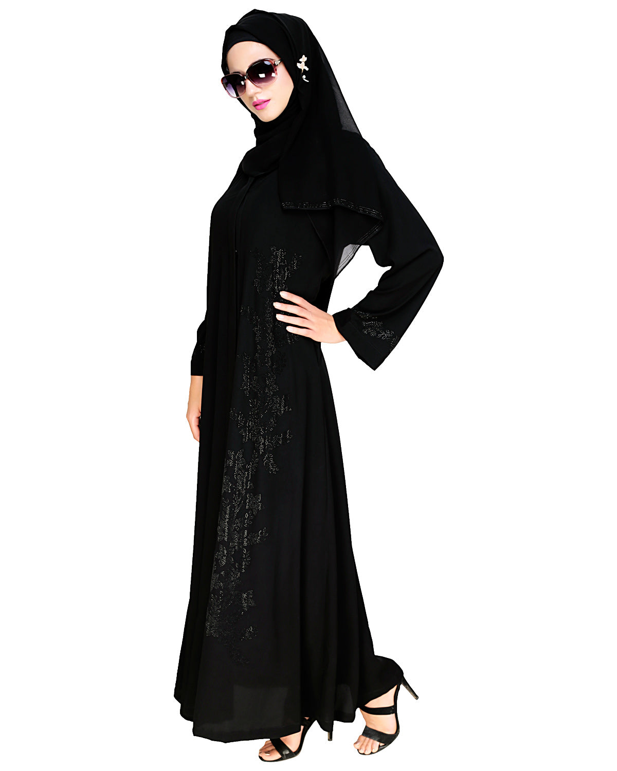 Exquisite Stone Work Classic Black Dubai Style Abaya Black