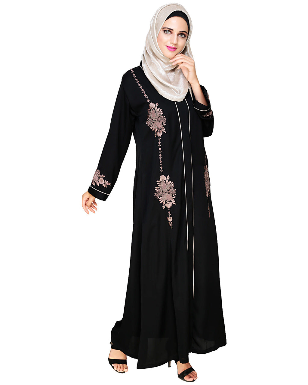 Appealing Floral Embroidery Dubai Style Abaya Black