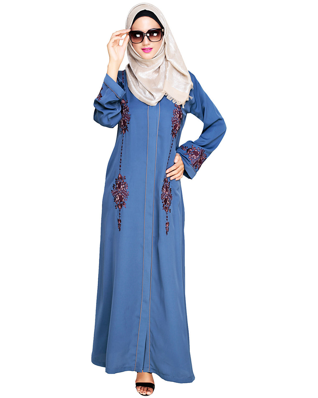Appealing Floral Embroidery Dubai Style Abaya Blue