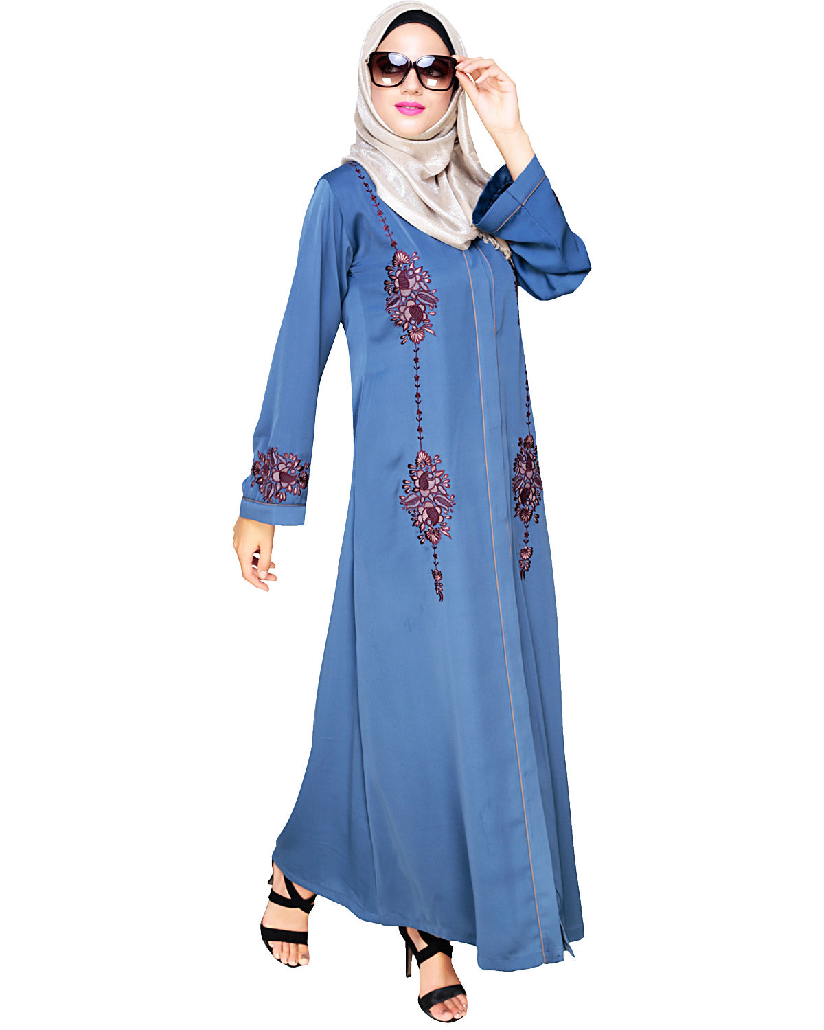 Appealing Floral Embroidery Dubai Style Abaya Blue