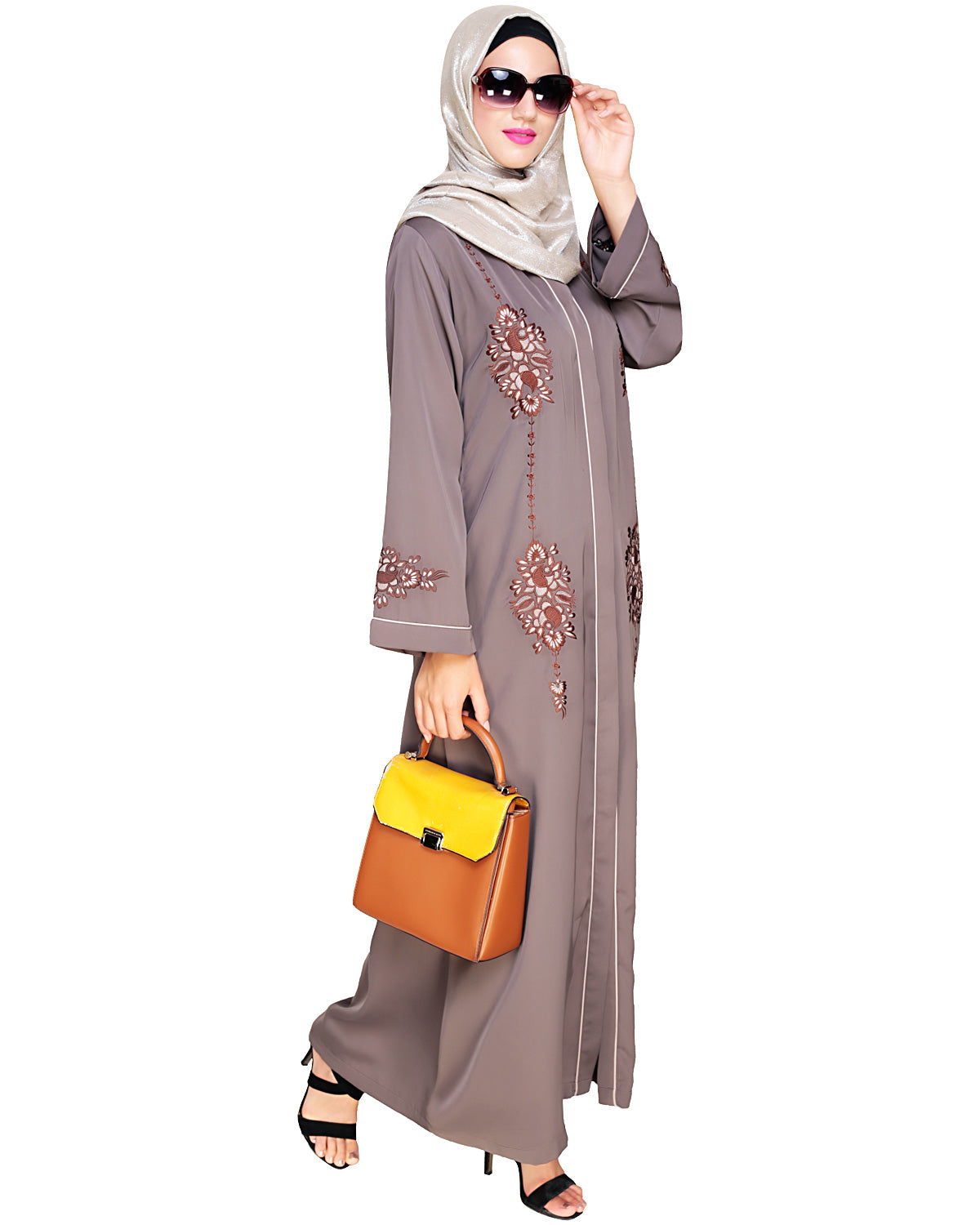 Appealing Floral Embroidery Dubai Style Abaya Brown