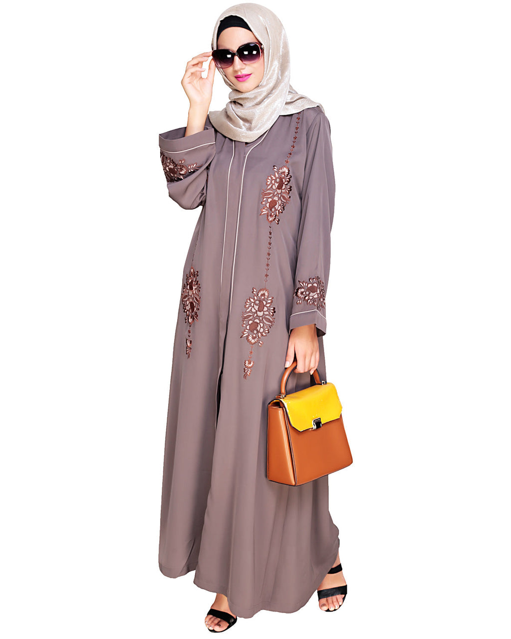 Appealing Floral Embroidery Dubai Style Abaya Brown