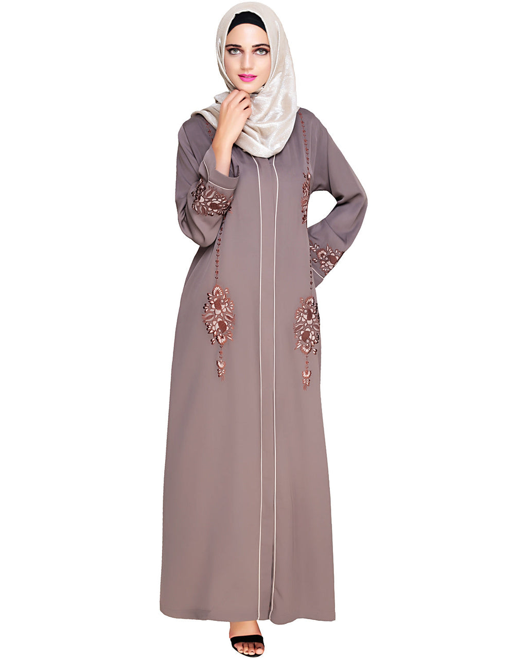 Appealing Floral Embroidery Dubai Style Abaya Brown