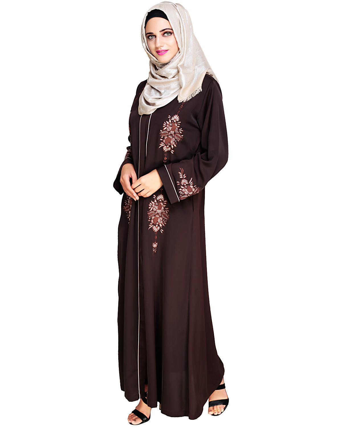Appealing Floral Embroidery Dubai Style Abaya Dark Brown
