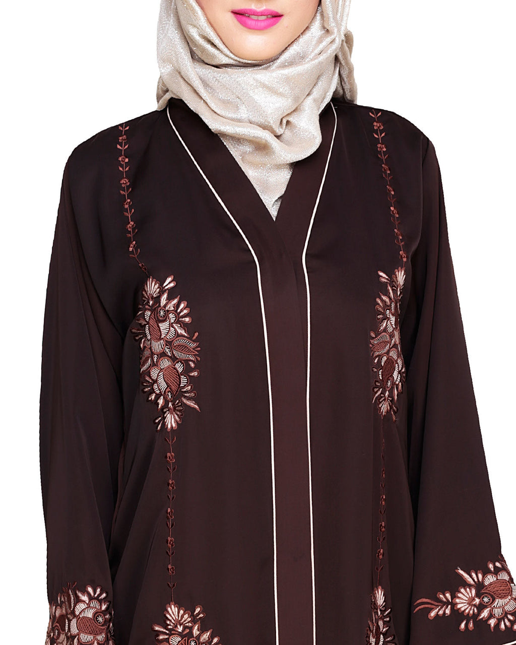 Appealing Floral Embroidery Dubai Style Abaya Dark Brown