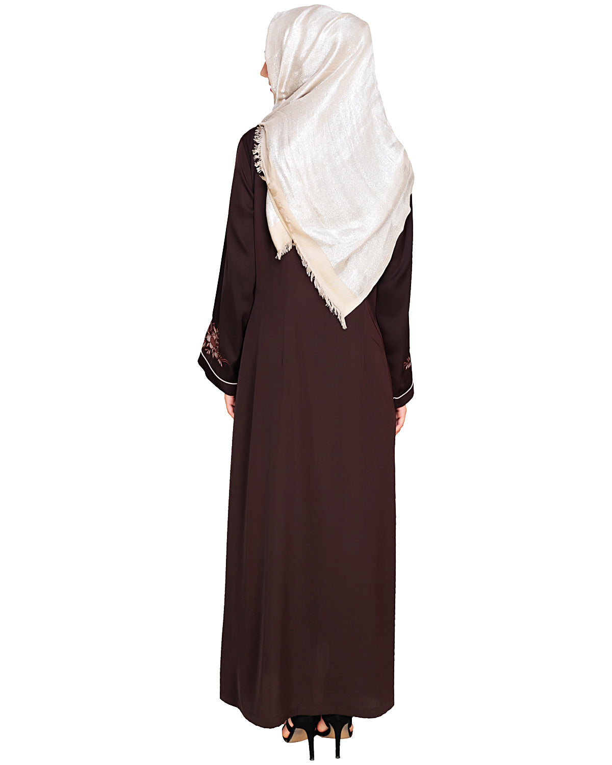 Appealing Floral Embroidery Dubai Style Abaya Dark Brown