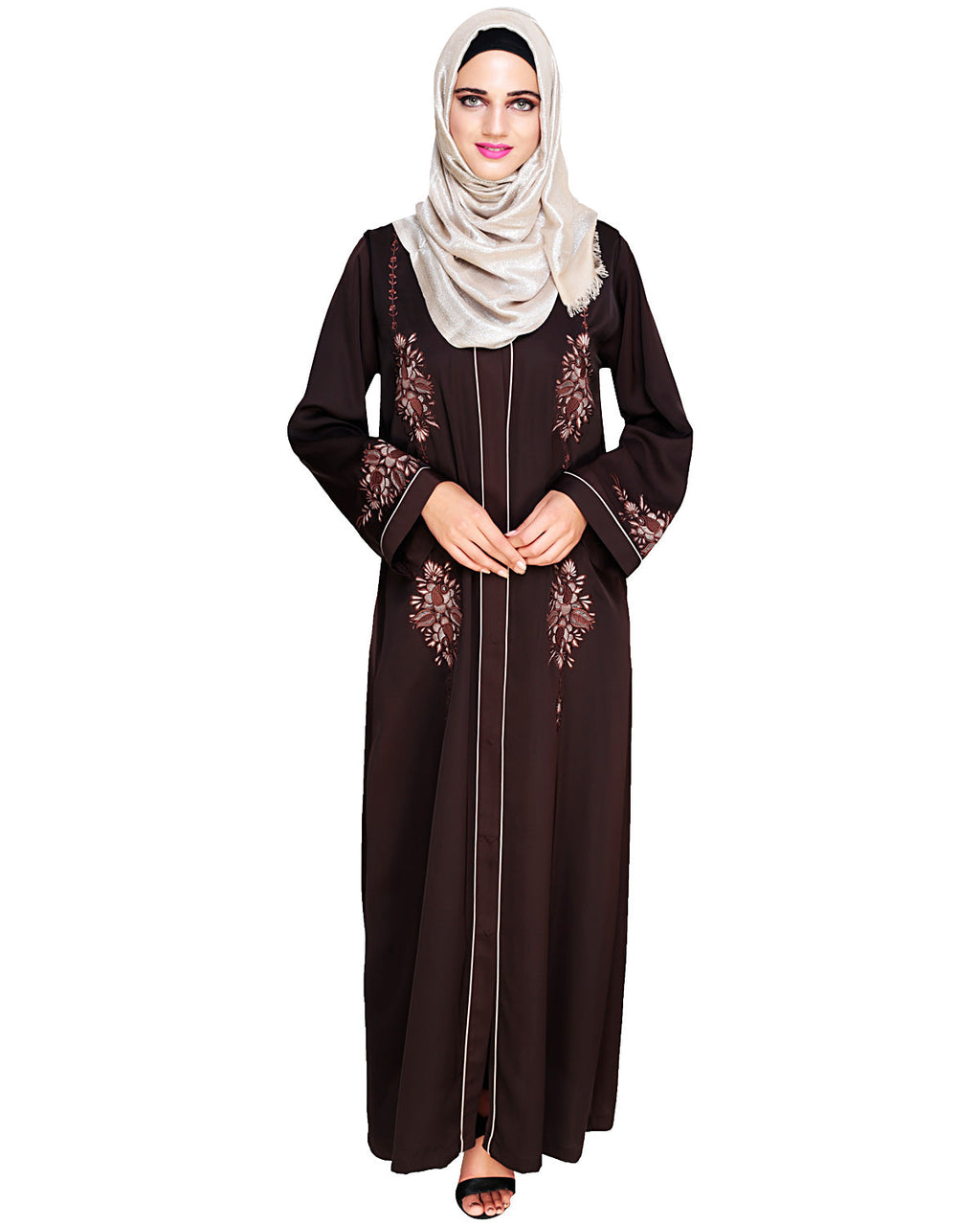 Appealing Floral Embroidery Dubai Style Abaya Dark Brown