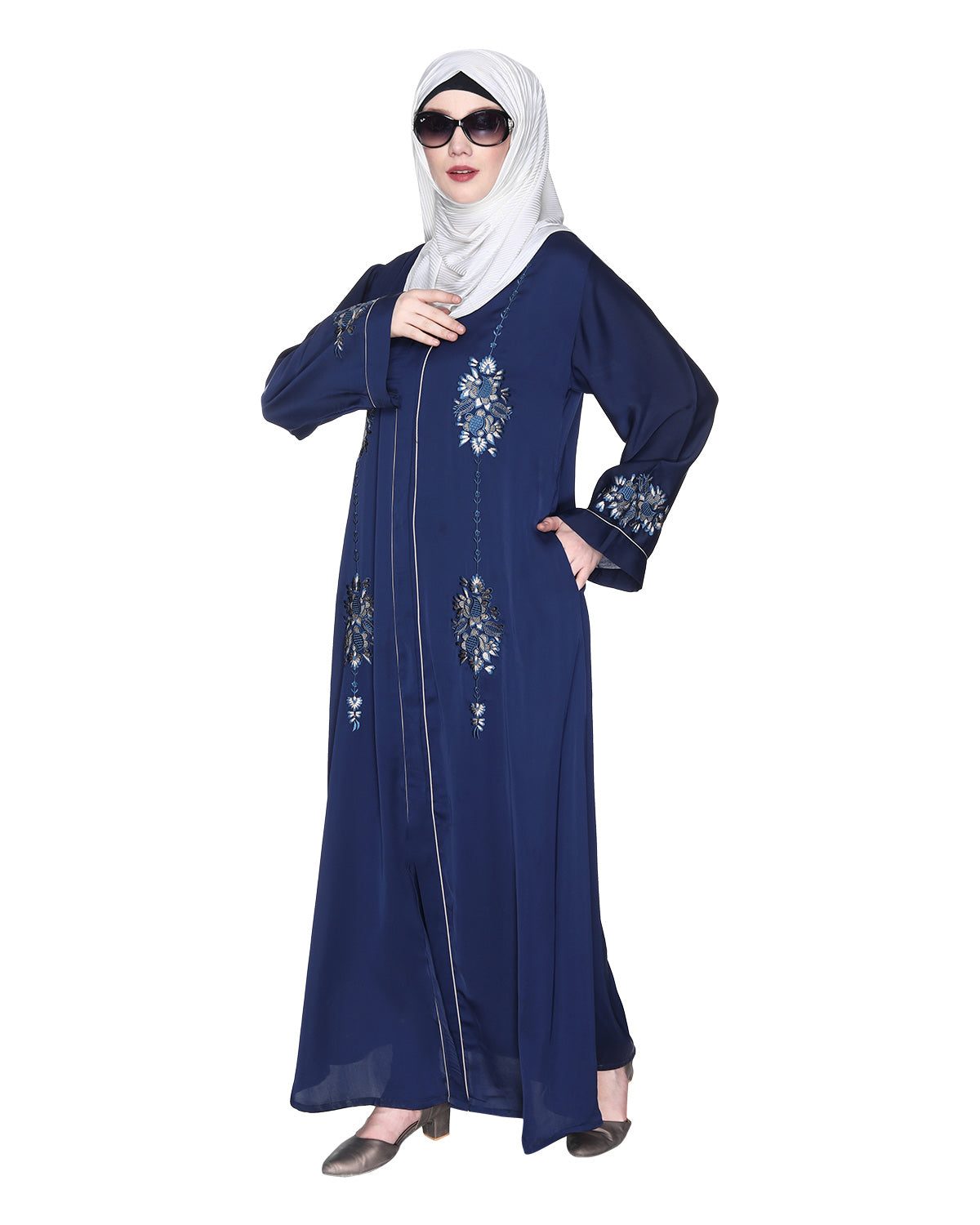 Appealing Floral Embroidery Dubai Style Abaya White