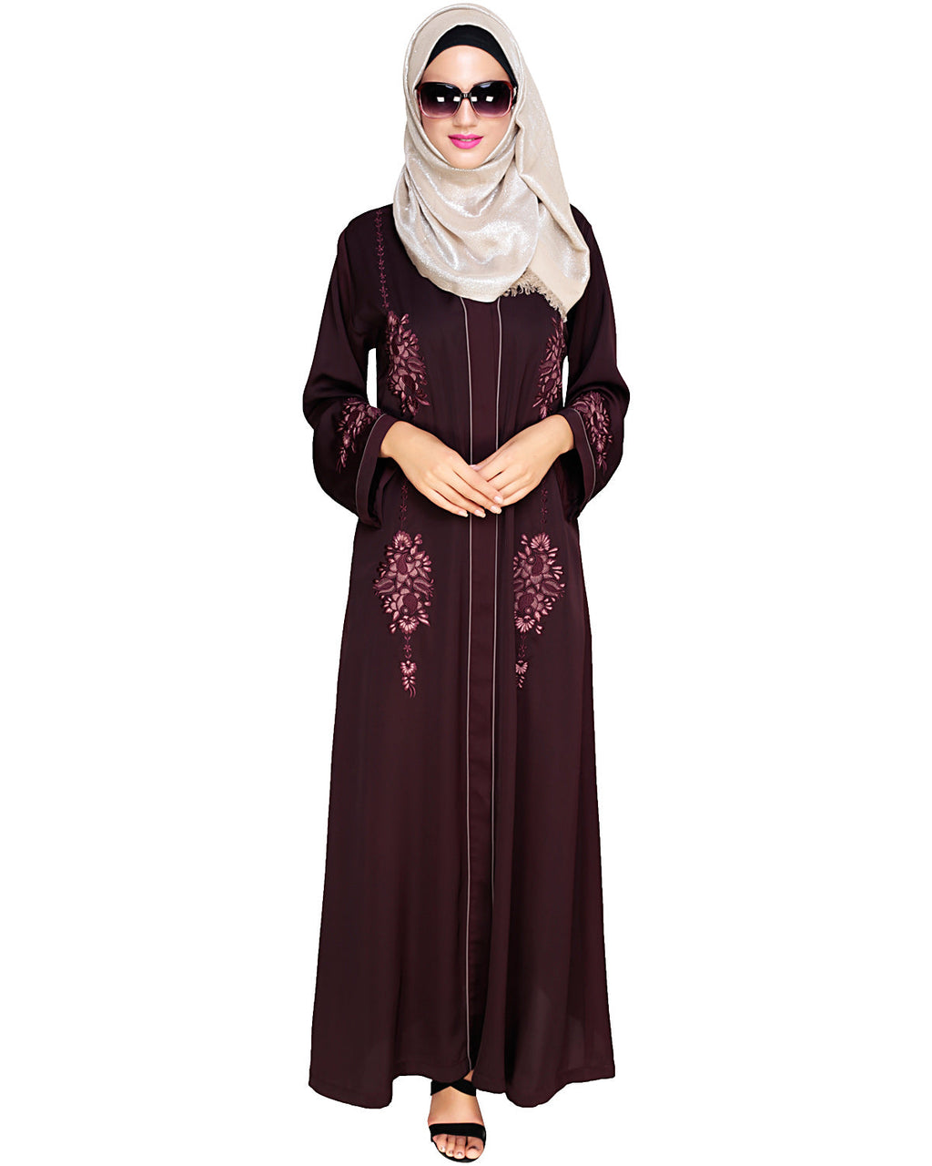 Appealing Floral Embroidery Dubai Style Abaya Wine