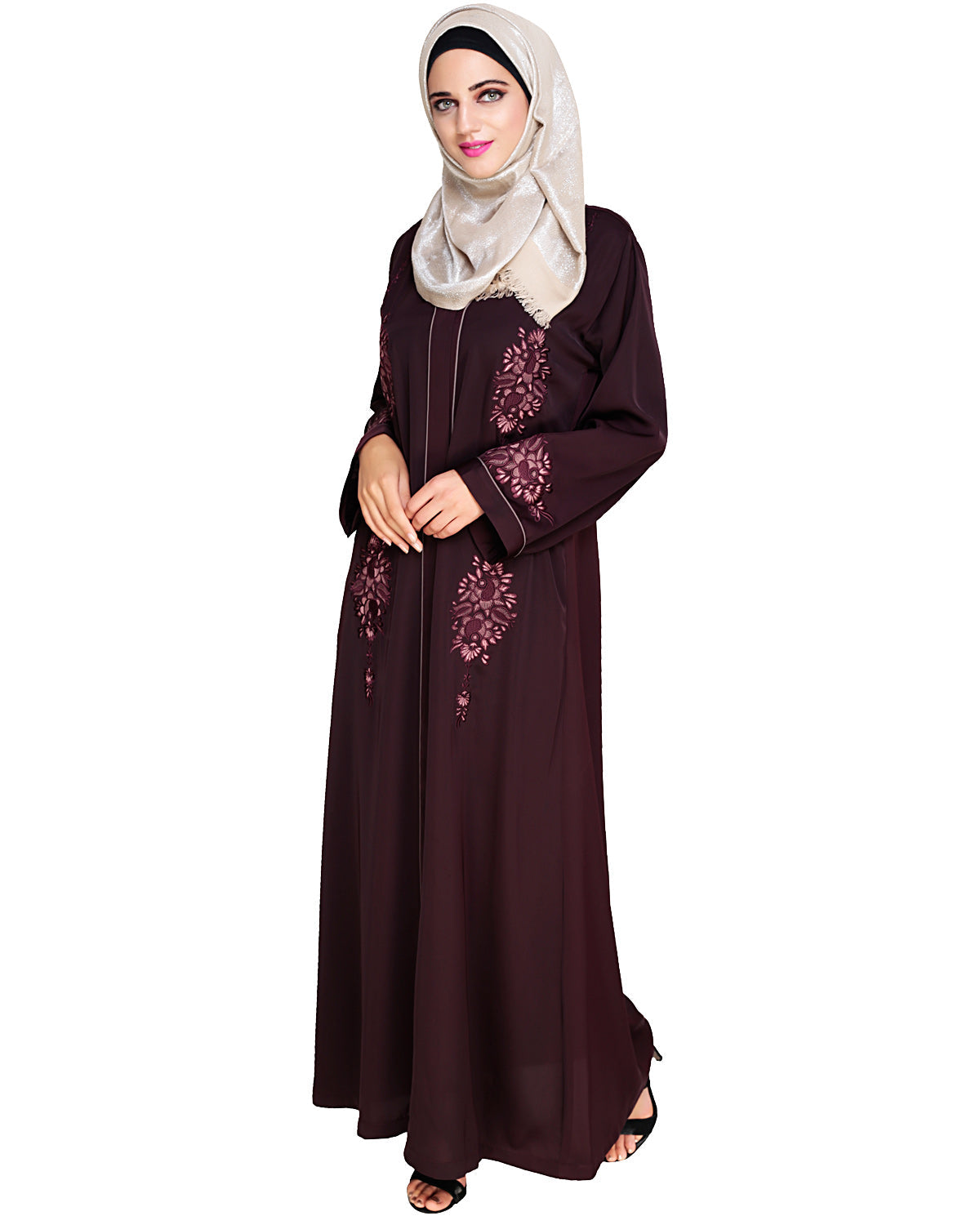 Appealing Floral Embroidery Dubai Style Abaya Wine