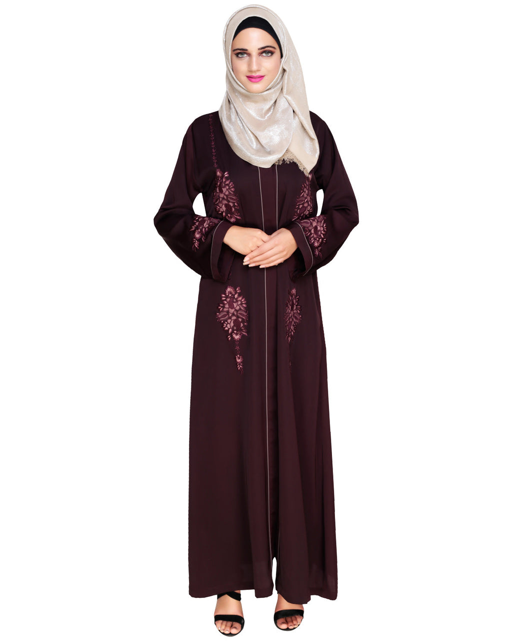 Appealing Floral Embroidery Dubai Style Abaya Wine