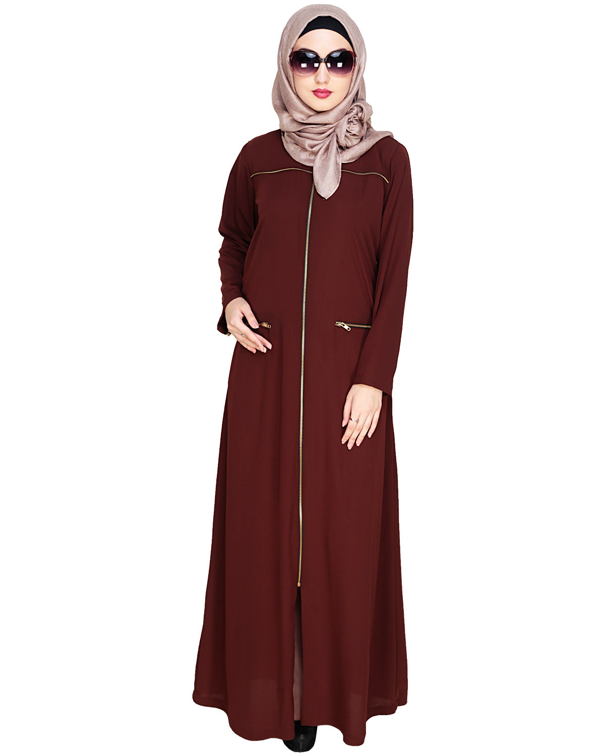 Metallic Zip Abaya Brown