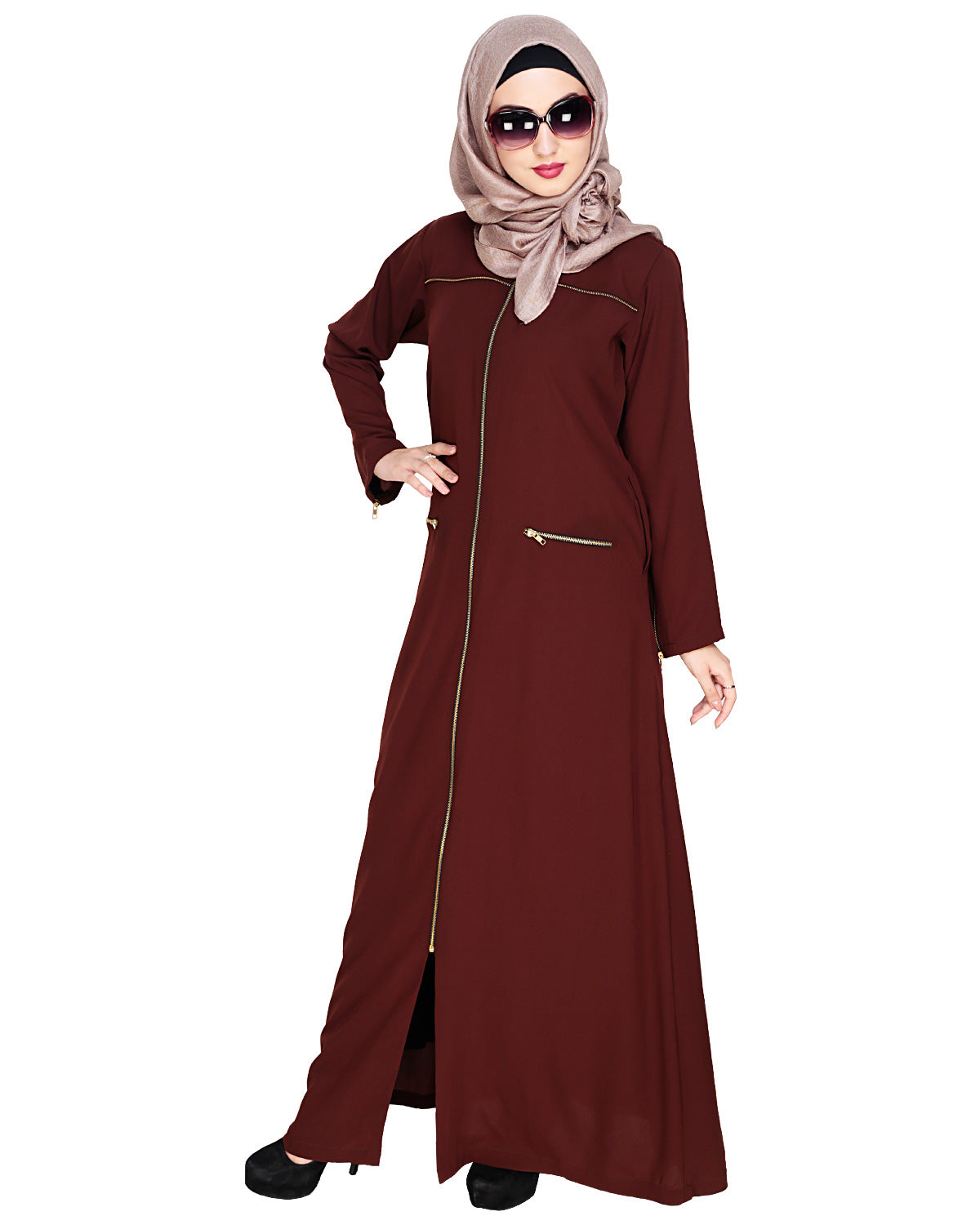 Metallic Zip Abaya Brown