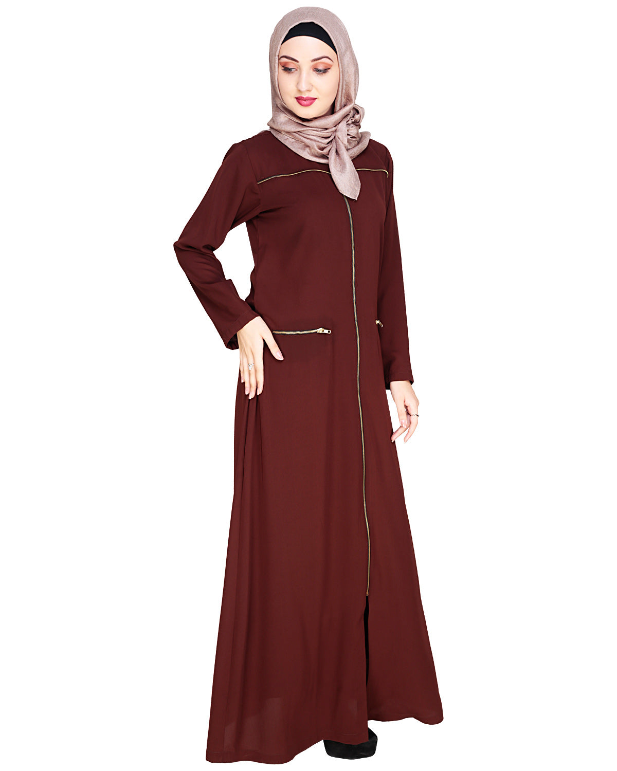 Metallic Zip Abaya Brown