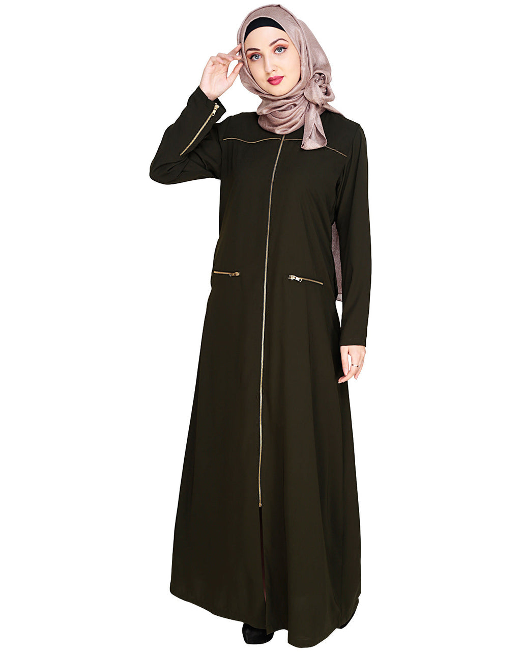 Metallic Zip Abaya Olive