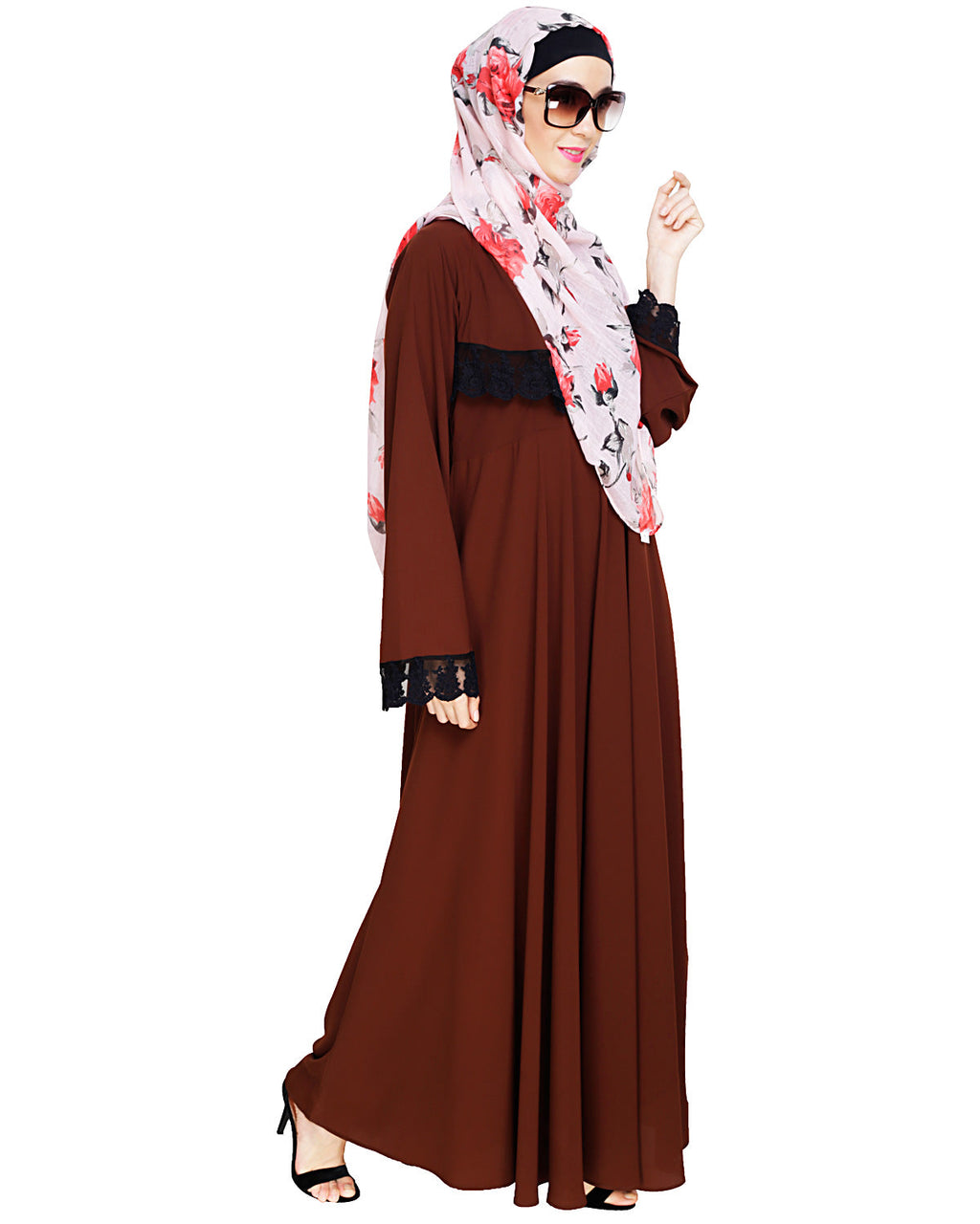 Flouncy Laced Abaya Brown