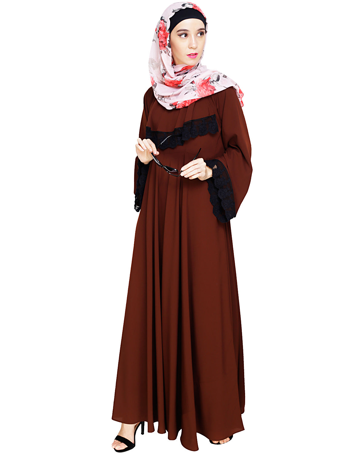 Flouncy Laced Abaya Brown