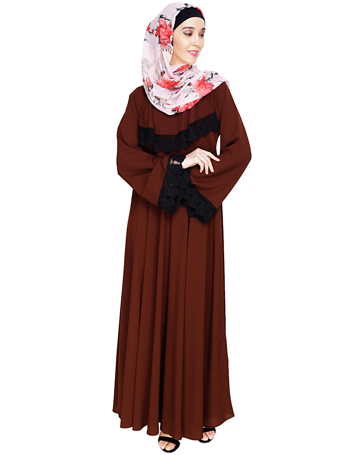 Flouncy Laced Abaya Brown