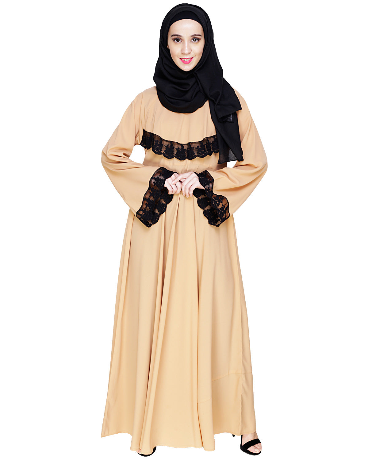 Flouncy Laced Abaya Dark Beige