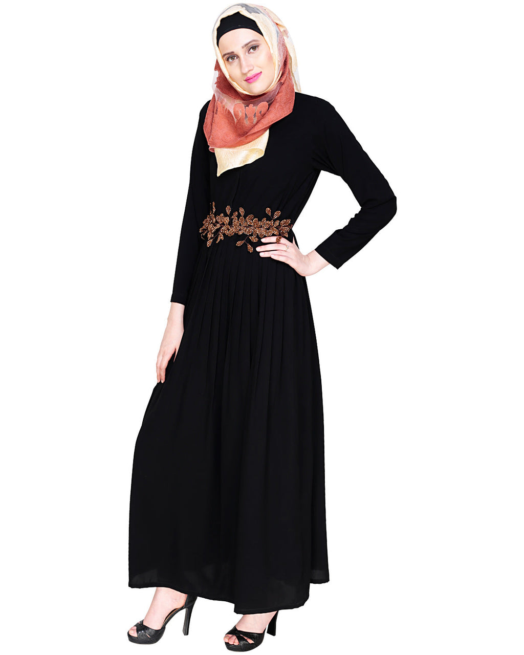 Majestic Floral Dubai Style Belt Abaya Brown