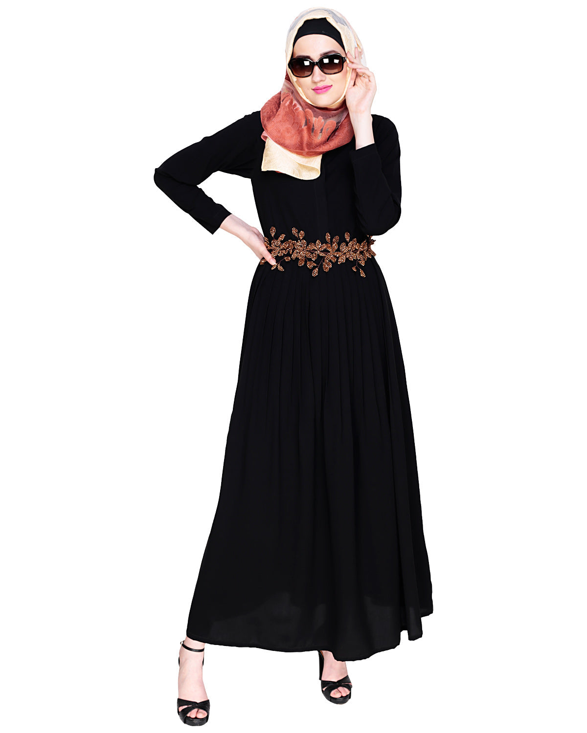 Majestic Floral Dubai Style Belt Abaya Brown